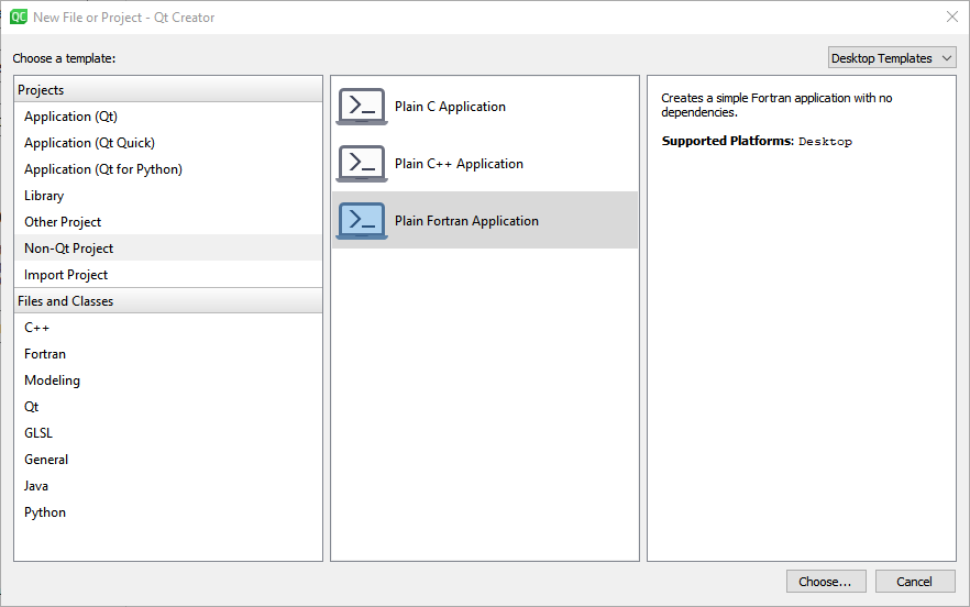 Qt Creator new project/file selection window.